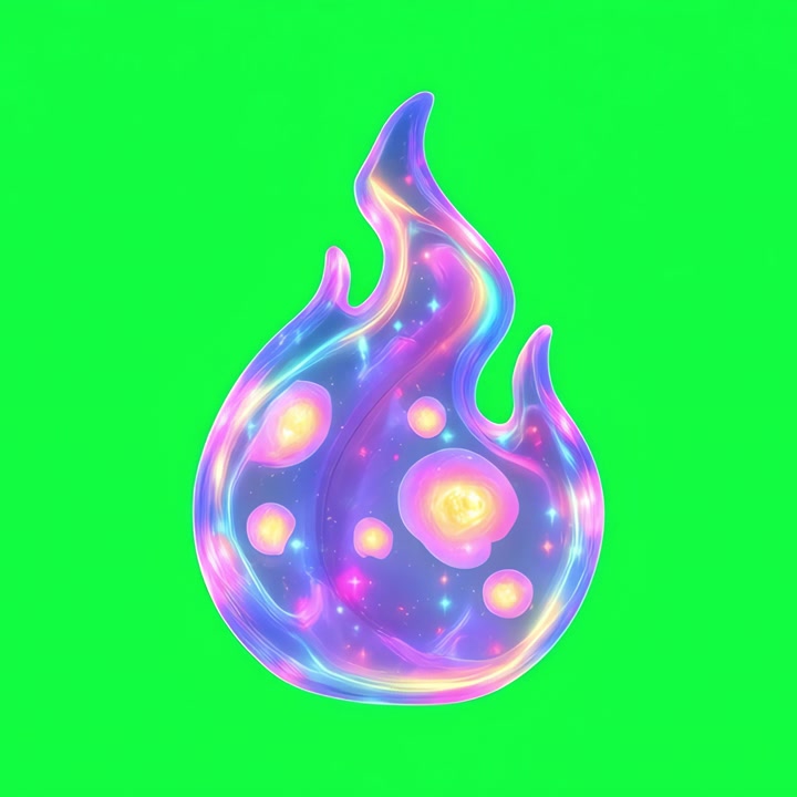 Fiamma magica animata con bagliore cosmico su schermo verde