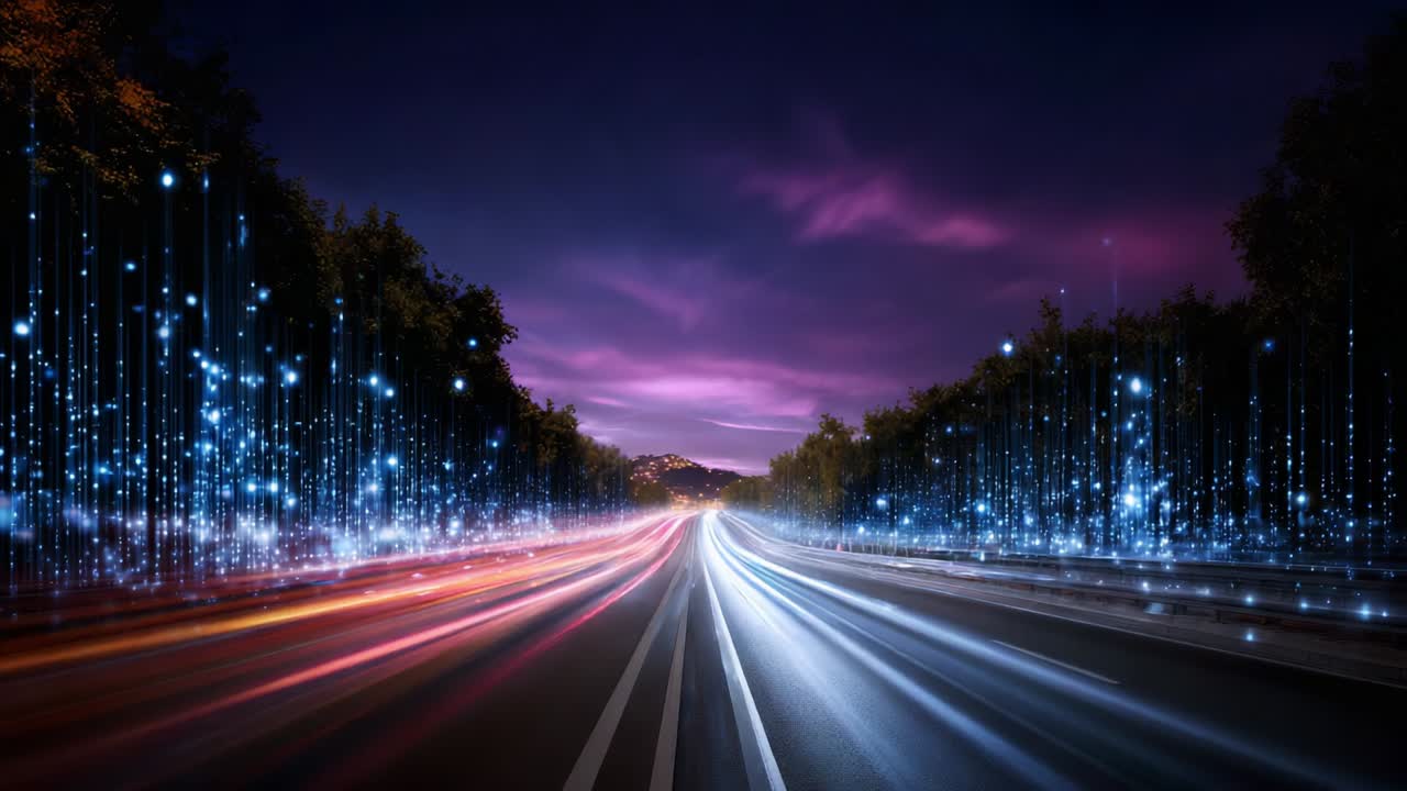 A Dynamic Journey Through a Futuristic Roadway Illuminated by Bright Light Trails and Glowing Particles Against a Dusk Sky, Capturing the Essence of Speed and Technology in Motion