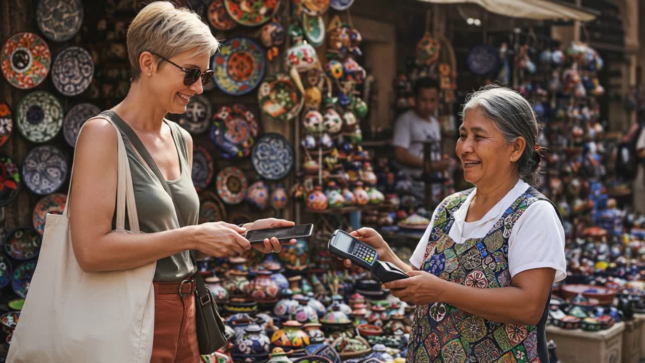 A Culturally Rich Marketplace Encounter: A Woman Engages with a Local Artisan as They Complete a Transaction Using Modern Technology Amidst Vibrant Handcrafted Goods
