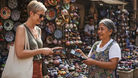 a culturally rich marketplace encounter: a woman engages with a local artisan as they complete a transaction using modern technology amidst vibrant handcrafted goods