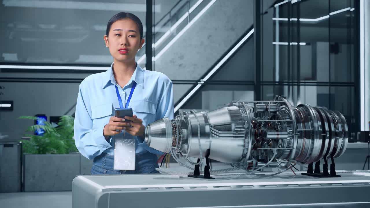 여성 엔지니어가 현대 사무실에서 제트 엔진 모델을 검토하고 있습니다.