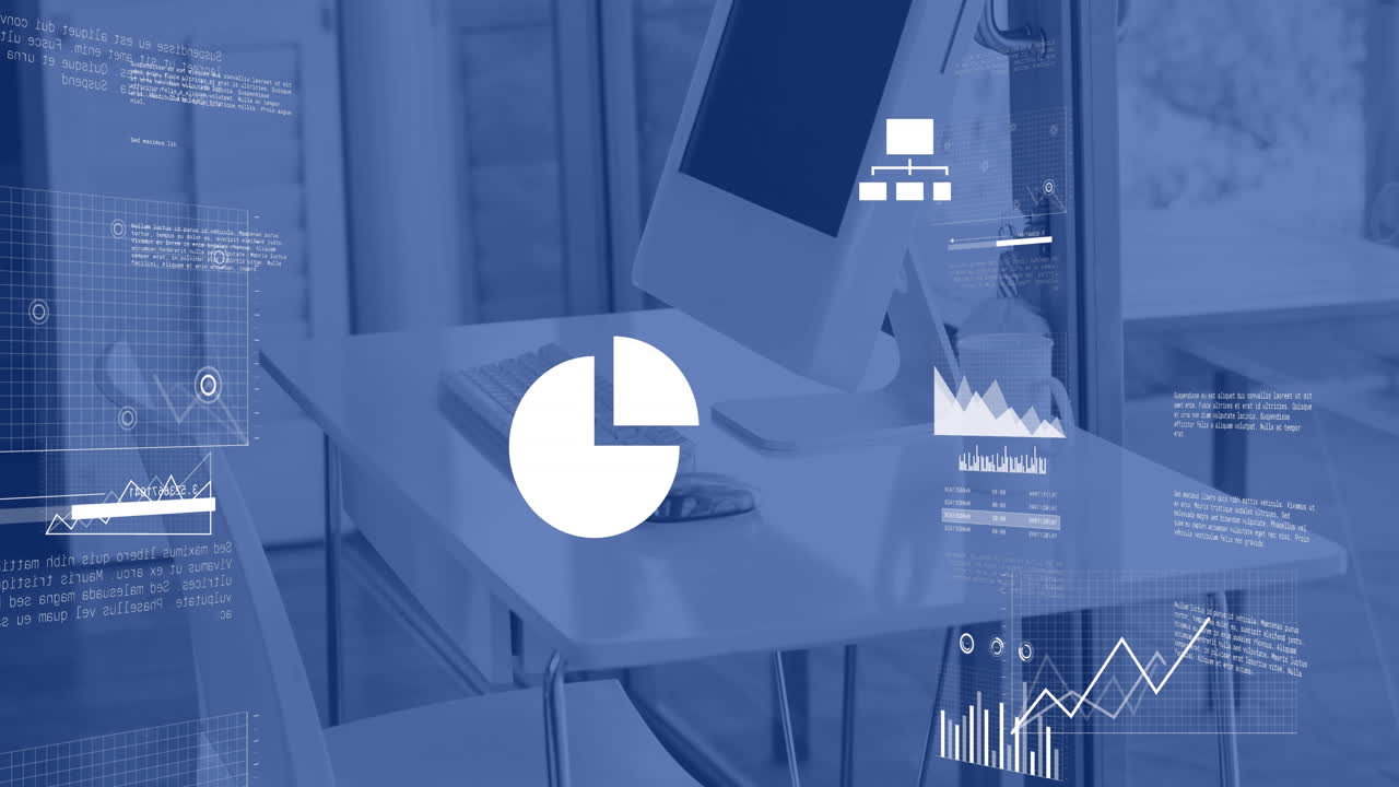 Animation af finansiel databehandling over en computer på et skrivebord på et kontor.