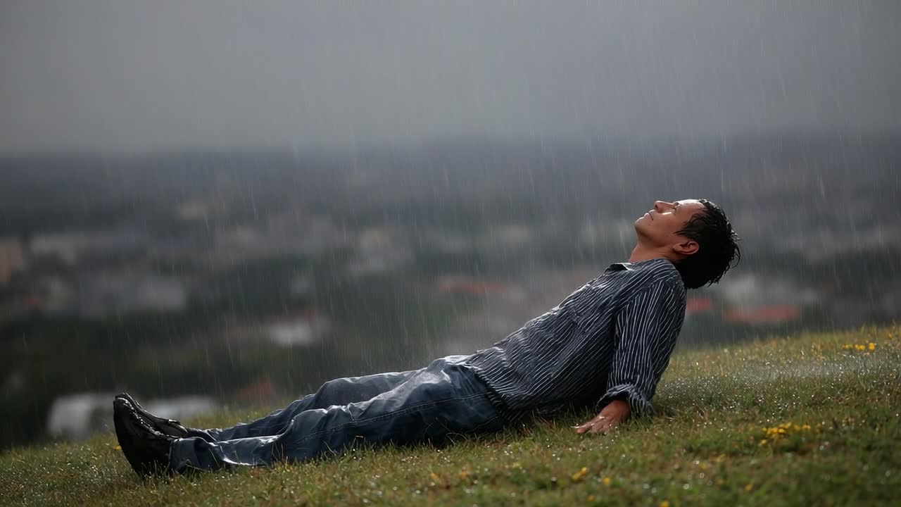 A Solitary Figure Embracing the Rain: Capturing a Moment of Serenity and Reflection Amidst a Downpour on a Grassy Hilltop