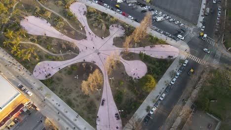 AERIAL---Weird-shaped-park-in-Palermo,-Buenos-Aires,-Argentina,-wide-forward