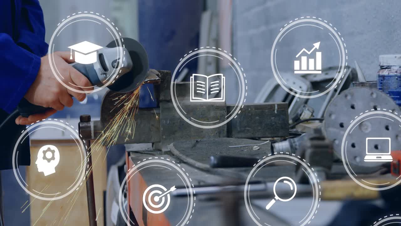 Tech's hands grinding clamped metal on disc contact, sparks flying, icons growing to show finishing