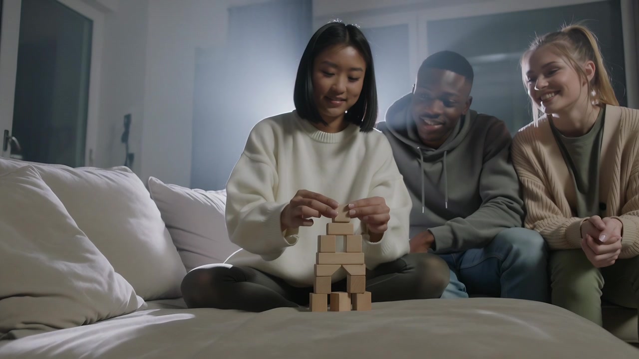 Starting woman with bob in sweater placing wood blocks on ottoman in living room, friends clapping