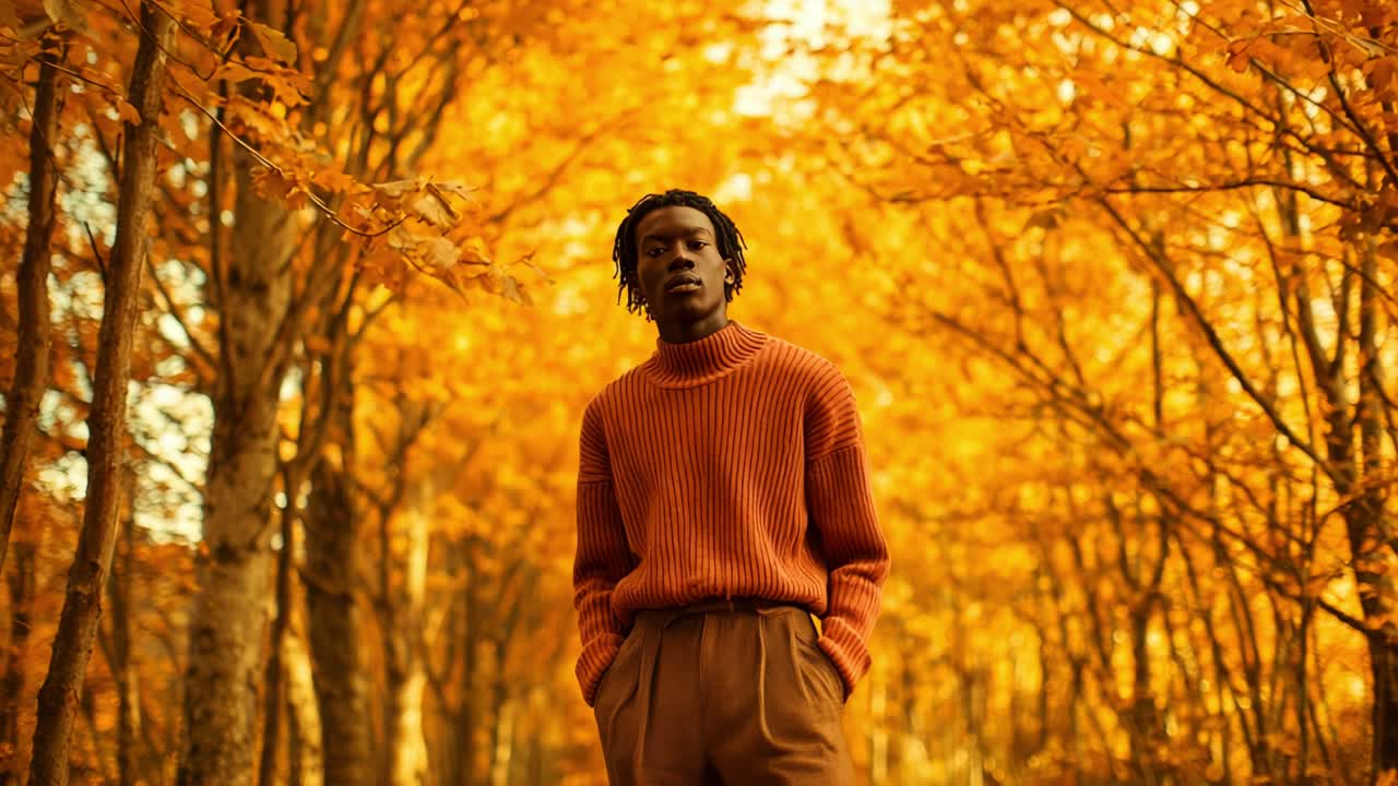 En ung mand står selvsikkert midt i et fantastisk efterårslandskab med levende gule og orange blade, der skaber en varm og indbydende atmosfære og indbegrebet af naturens skønhed om efteråret.