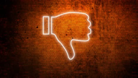 Animation-of-glowing-neon-thumbs-down-icon-on-brick-wall