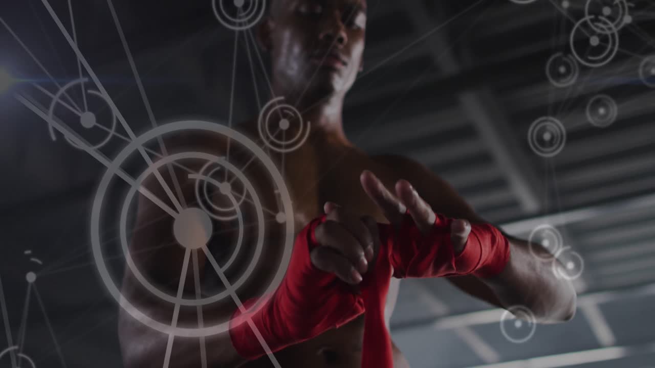 animación de la red de conexiones sobre el hombre atando cintas en sus manos