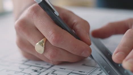 close up of male architect in office drawing on plan or blueprint with ruler