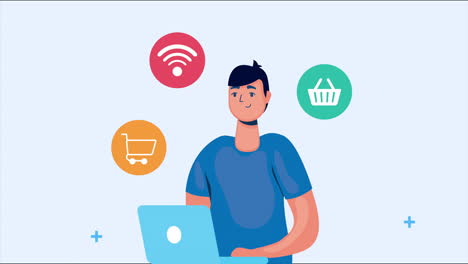 hombre usando la tecnología de marketing de portátiles y redes sociales