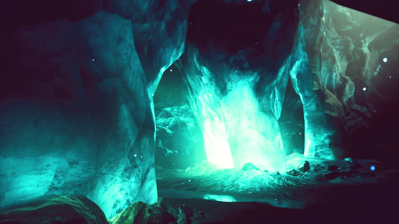 Magical glowing cave with illuminated rock formations and mysterious aura