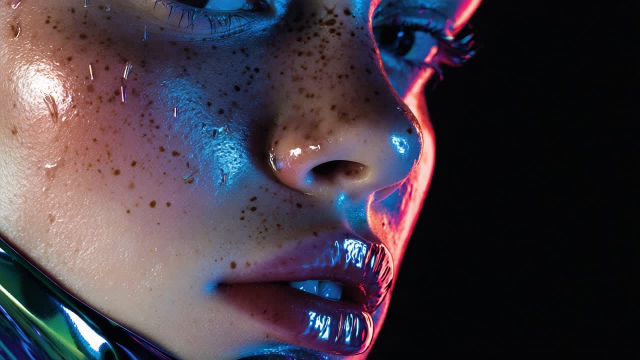 Extreme close up of a young woman with freckles and wet skin, glowing under vivid blue and pink neon lights for a futuristic, glossy beauty portrait with dramatic makeup