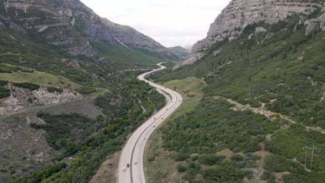 utah mountain road up gorgeous provo canyon valley, lockdown aerial drone