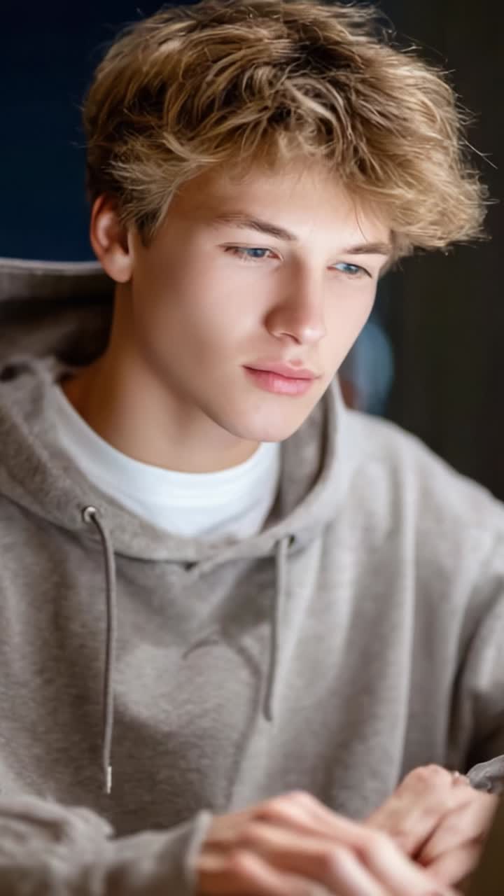 Um close-up de um jovem concentrado em seu dispositivo, mostrando uma expressão de concentração enquanto veste um moletom cinza casual, suavemente iluminado em uma atmosfera aconchegante