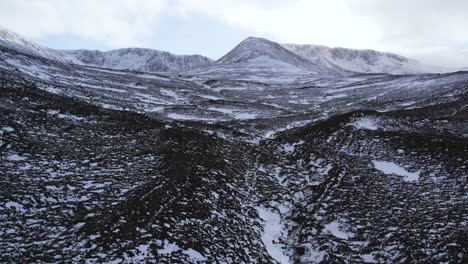 在蘇格蘭的cairngorms國家公園的fiacaill coire an t-sneachda的靜態空中無人機片段,在冬天,一條冰川流下來,一條凍結的山谷被雪覆蓋,希瑟沼澤