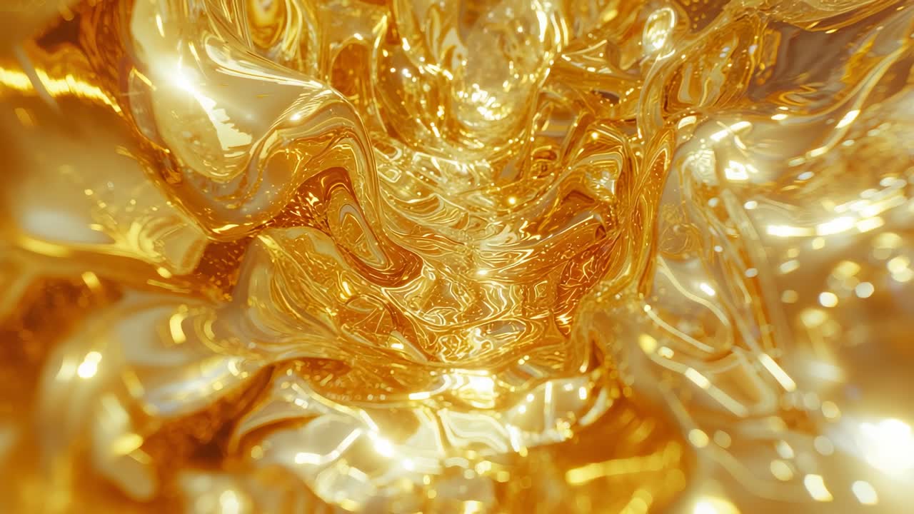 Molten gold surface undulating in digital render, shimmering liquid responding to shifting light