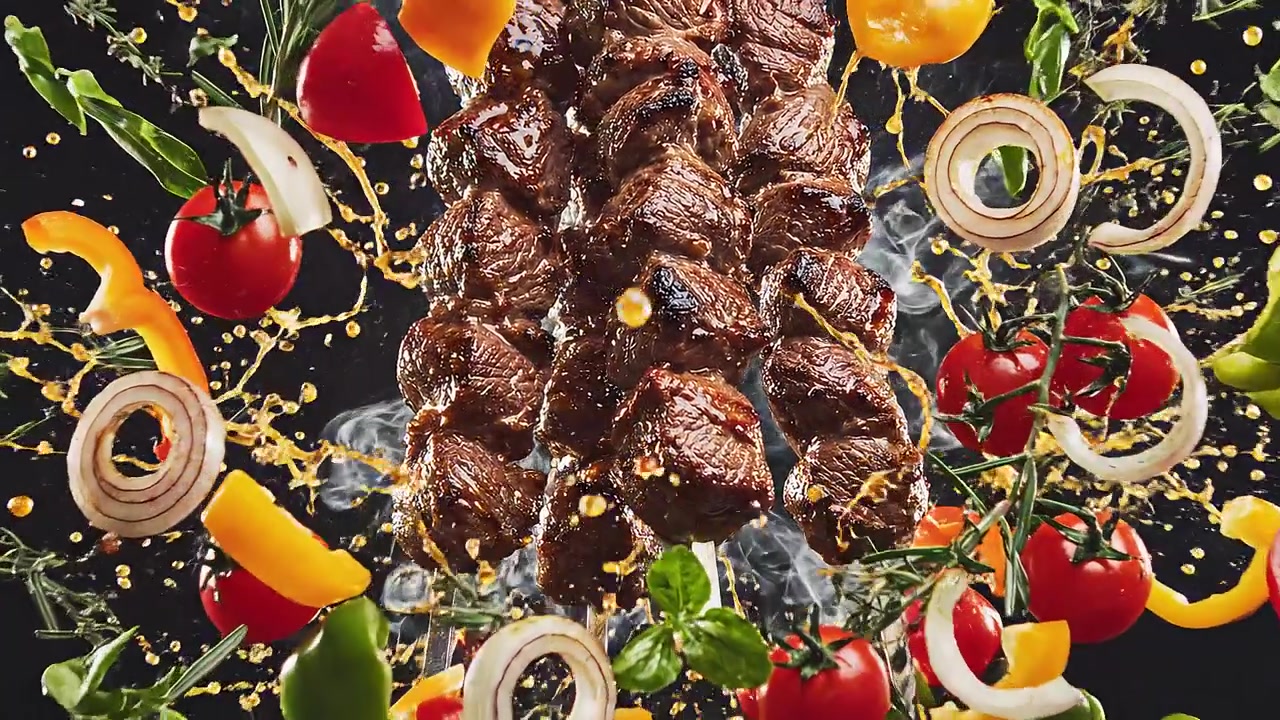 Grillede oksekebab med friske grøntsager og røg