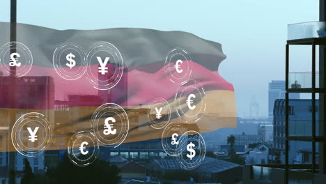 currency symbols and financial data animation over cityscape with german flag