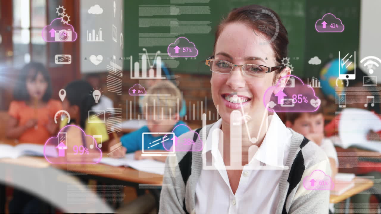 animación de una maestra caucásica y un grupo de escolares