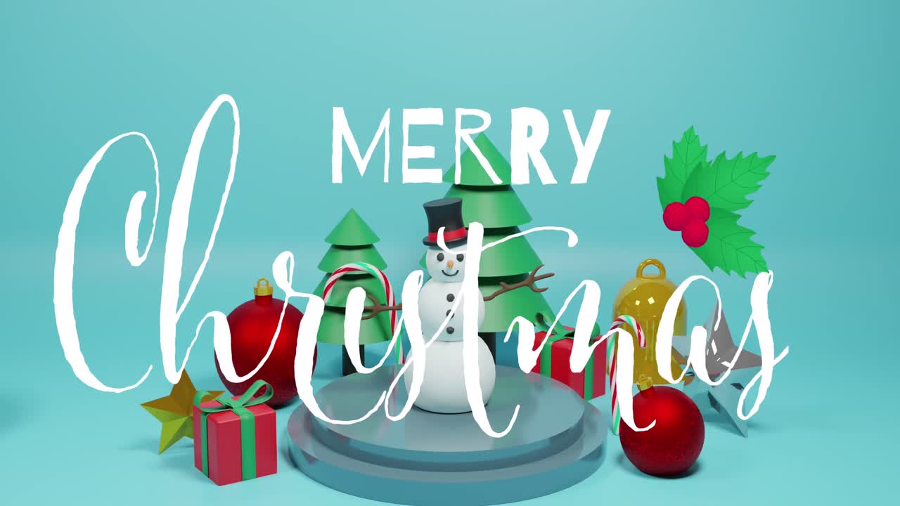 animación de felicitaciones de navidad texto sobre decoraciones de navidad sobre fondo azul