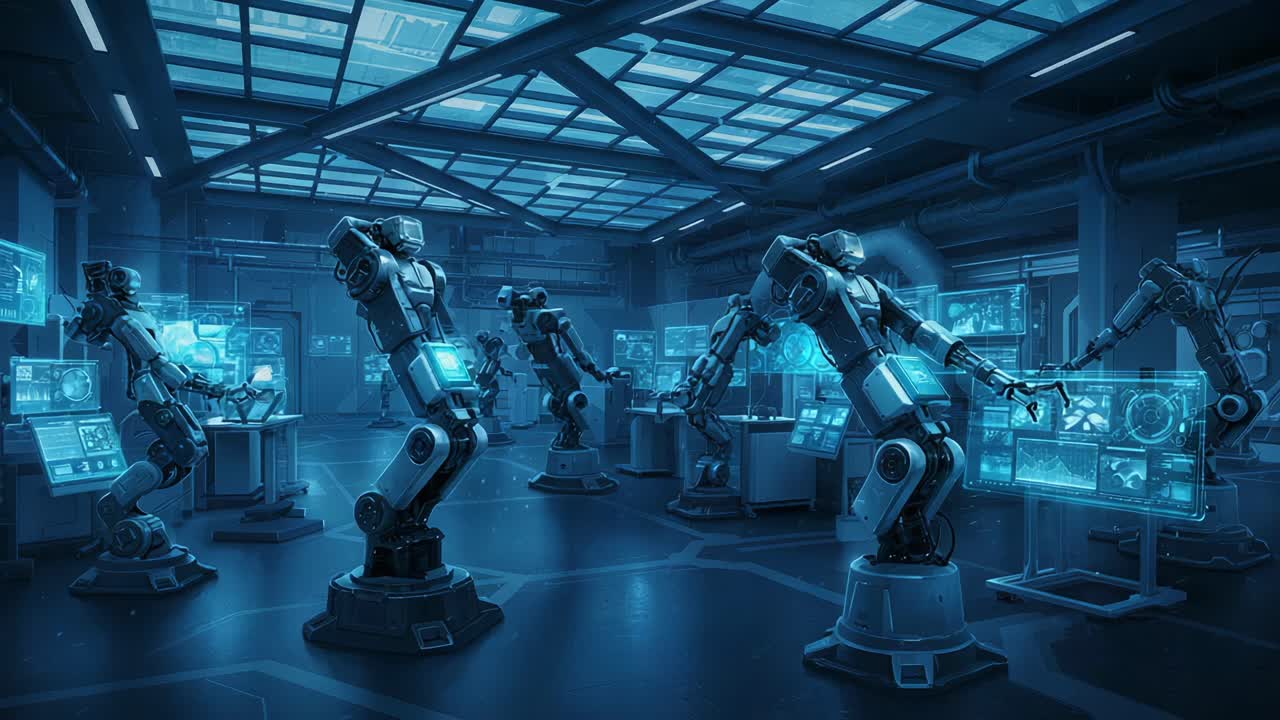 Advanced Robotics Laboratory Featuring Sophisticated Automation Mechanisms and Artificial Intelligence Systems Interacting Seamlessly in a High-Tech Environment