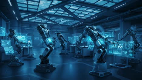 advanced robotics laboratory featuring sophisticated automation mechanisms and artificial intelligence systems interacting seamlessly in a high-tech environment