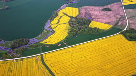 patchwork of rapeseed fields, green crops, and pastures divided by waterways, drone video