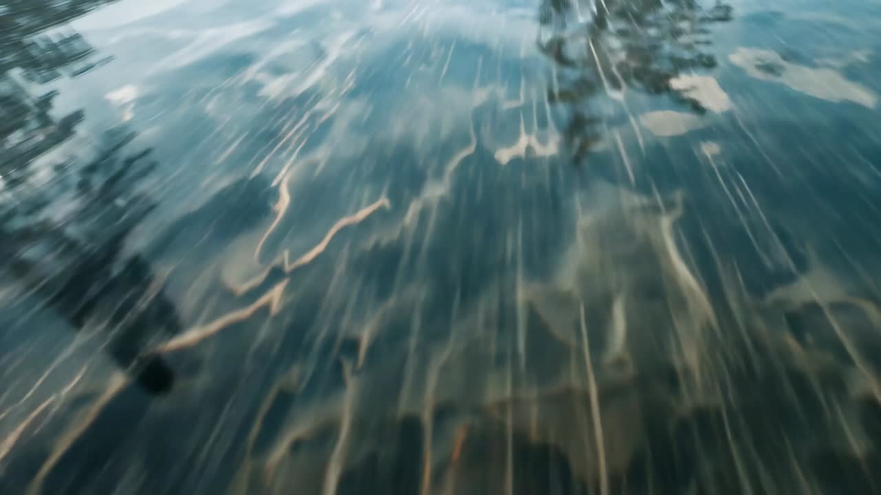 Superficie dell'acqua che riflette i pini sul lago, con la telecamera in movimento che crea lunghe scie luminose.