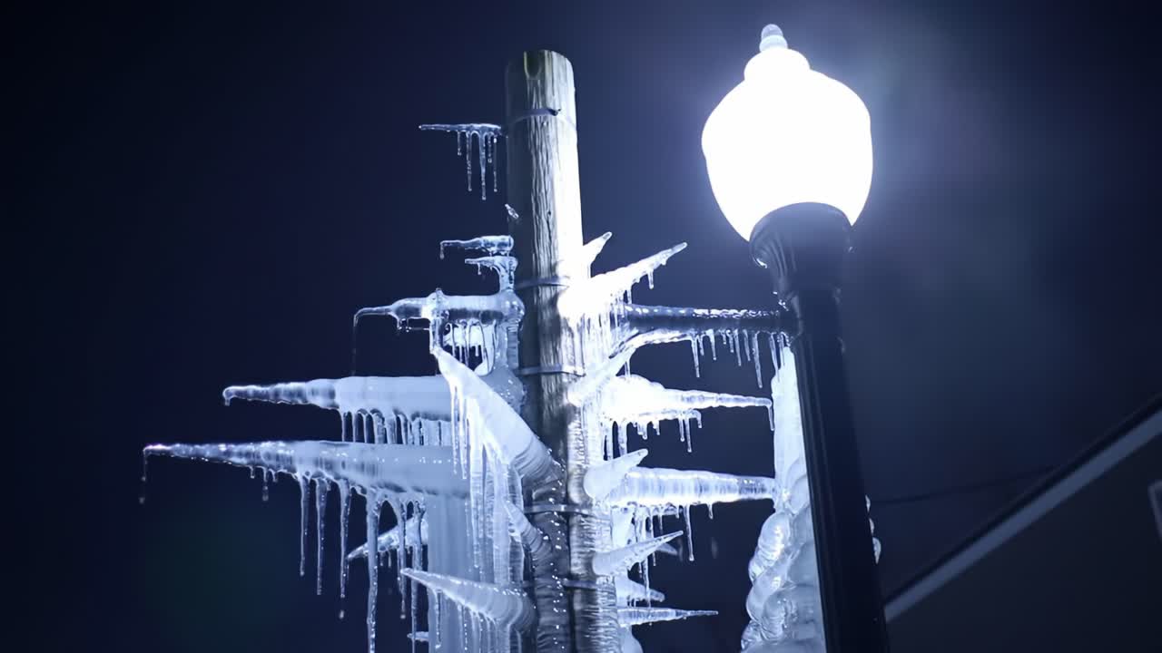 A Stunning Display of Ice: Intricate Icicles Formed on a Streetlight During a Cold Winter Night, Highlighting Nature's Artistry and the Chill of the Season