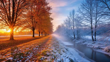 a stunning contrast of seasons: autumn's golden glow meets winter's frosty embrace along a serene riverbank at sunrise