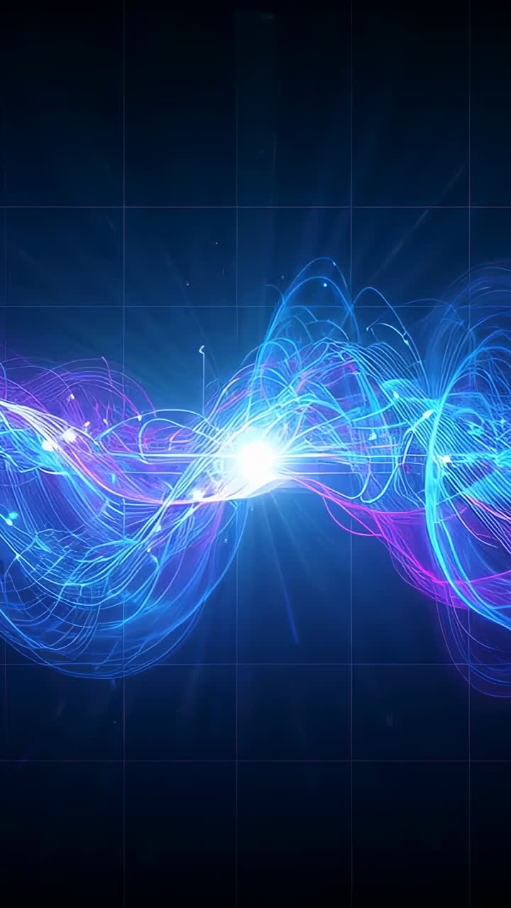 Vertical video: Flowing light ribbon on dark grid, flare pulsing, shifting teal to yellow, sparking