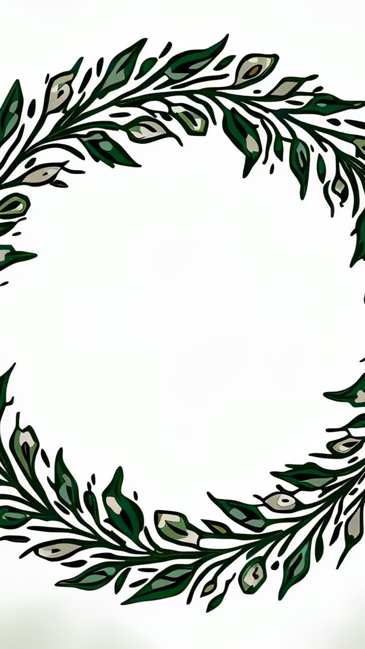 Vertical video: Playing hand-drawn wreath rotating on white canvas showing green olive leaves seeds