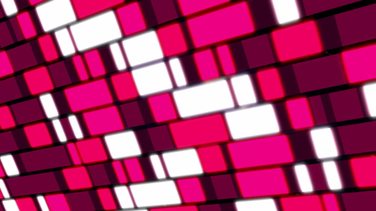 Animation of blinking pink, white and brown rectangle light tiles on black background