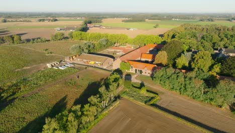 Drone-shot-of-a-farm-in-the-middle-of-the-country-with-trees-and-fields