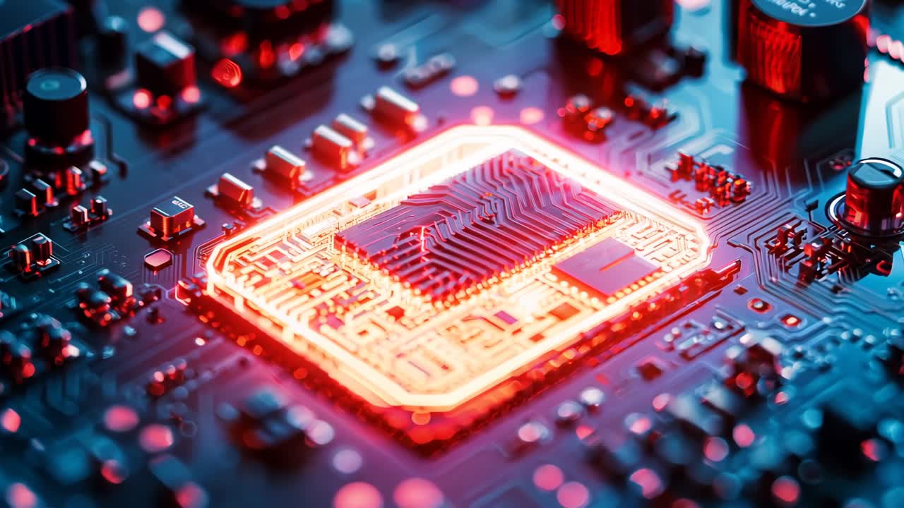 un primer plano de una placa base de computadora con una luz roja en ella