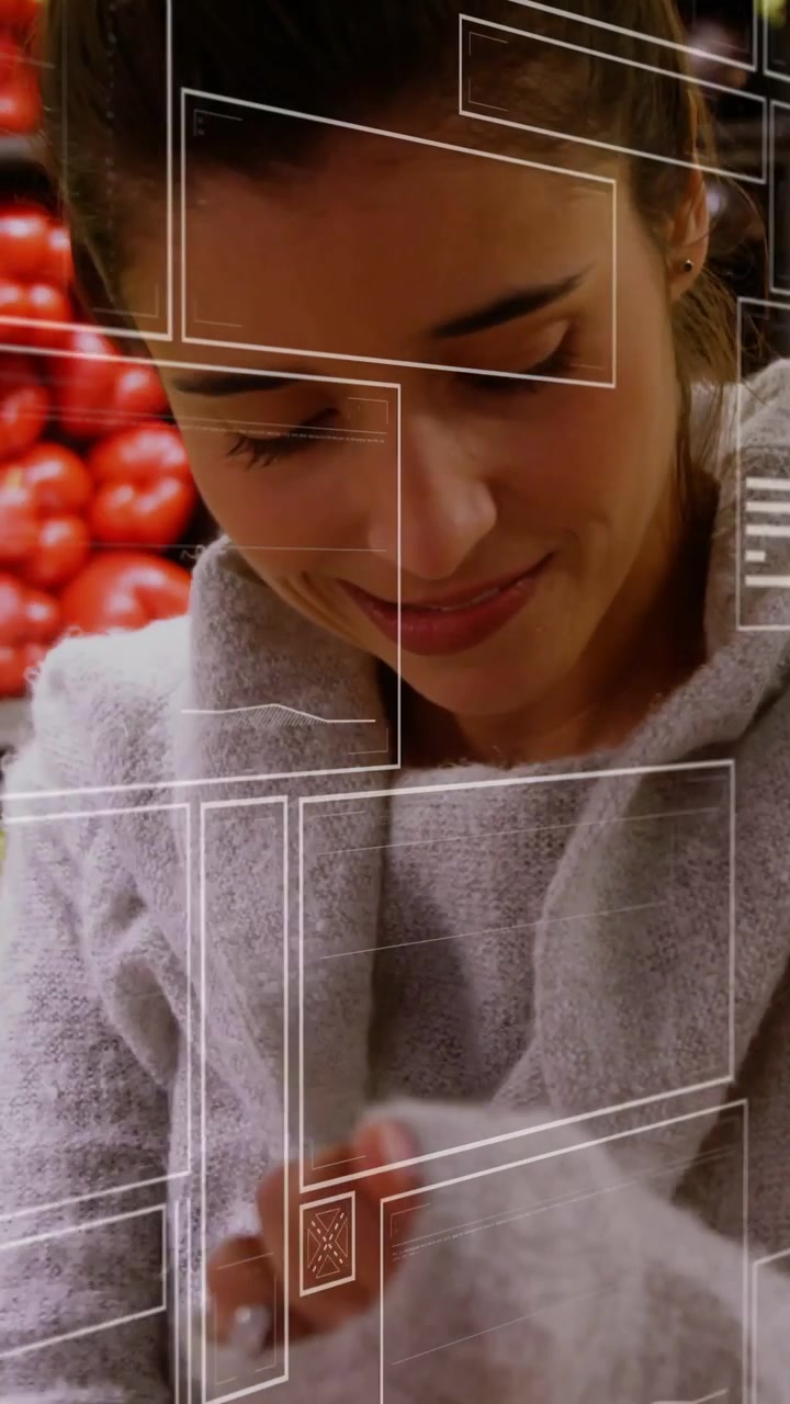 Vertical video: Grocery buyer reaching tomato lifting beets checking freshness, HUD showing quality