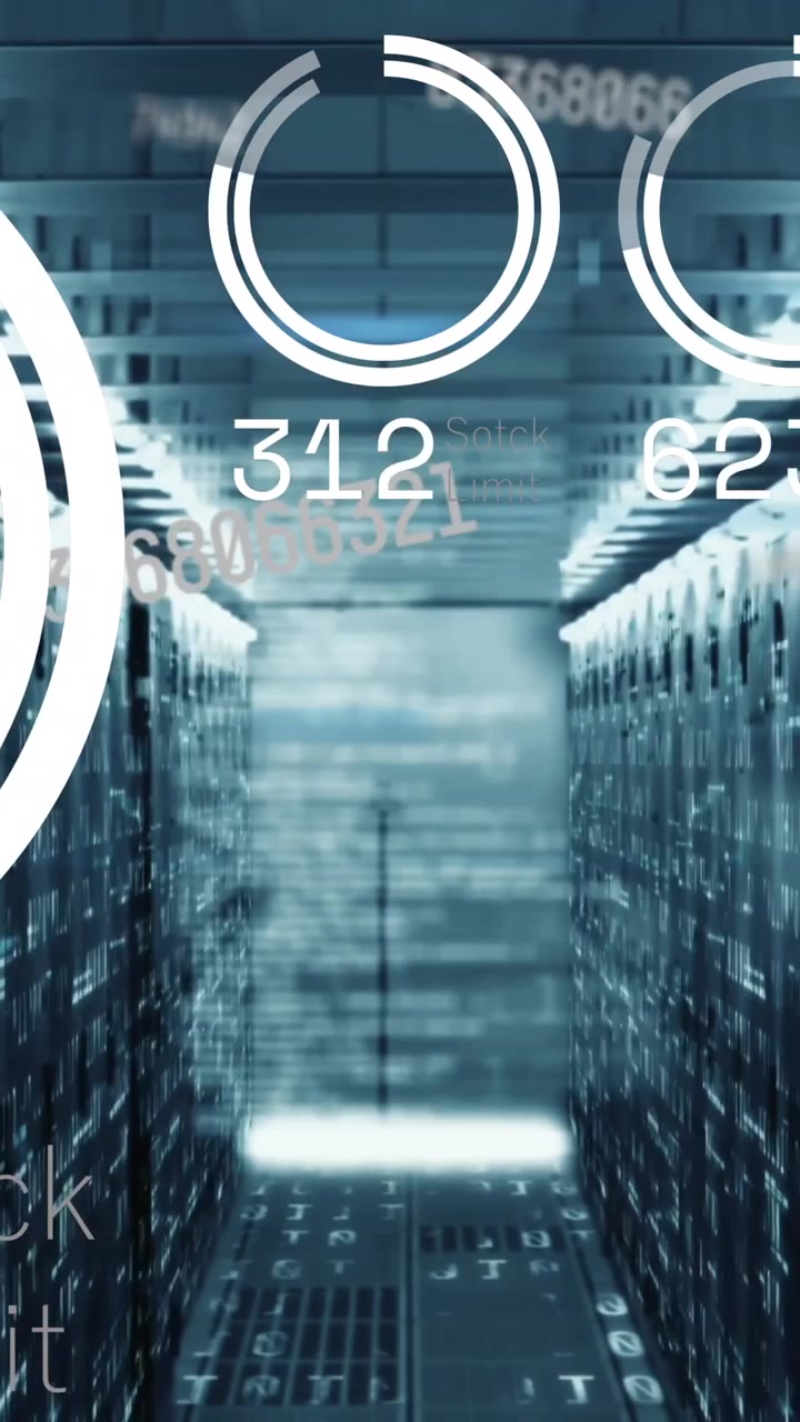 Animation of loading circles with numbers and codes over network server room