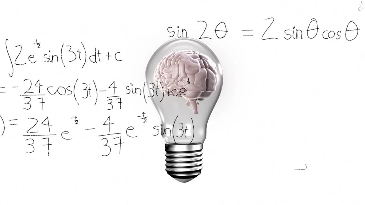 Animation of brain inside light bulb with mathematical equations on white background