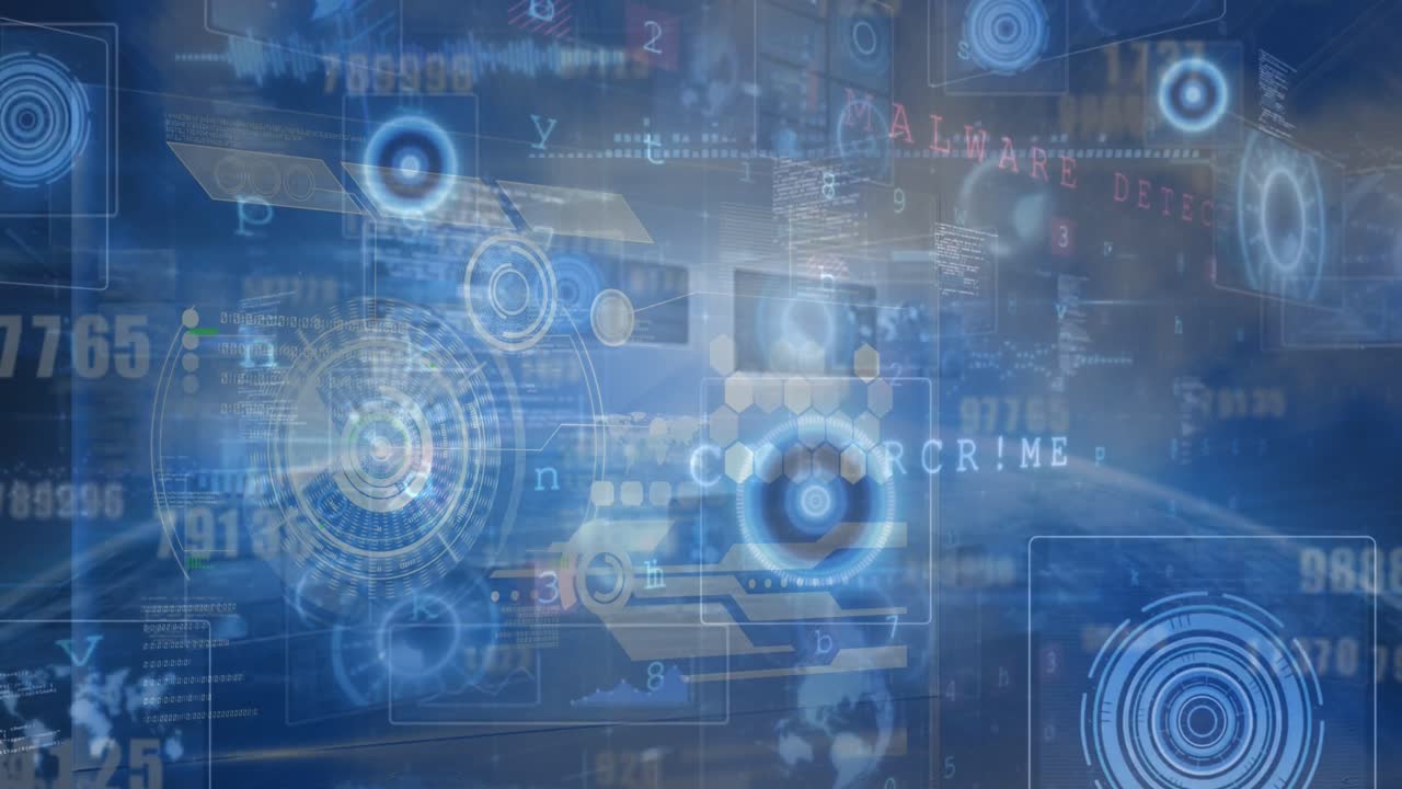 디지털 스크린과 파란색 배경에 다양한 데이터와 처리 서클의 애니메이션