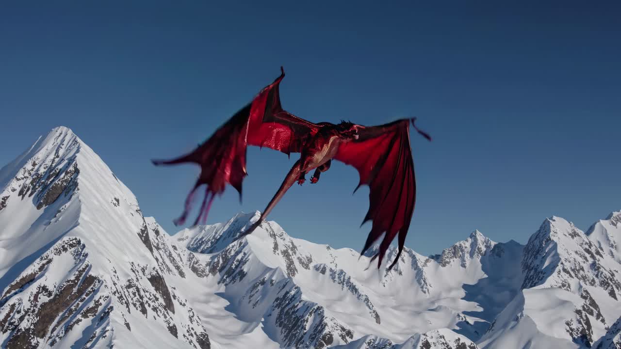 Aerial video shot of a red dragon soaring over snow-capped mountains, showcasing a fantasy adventure