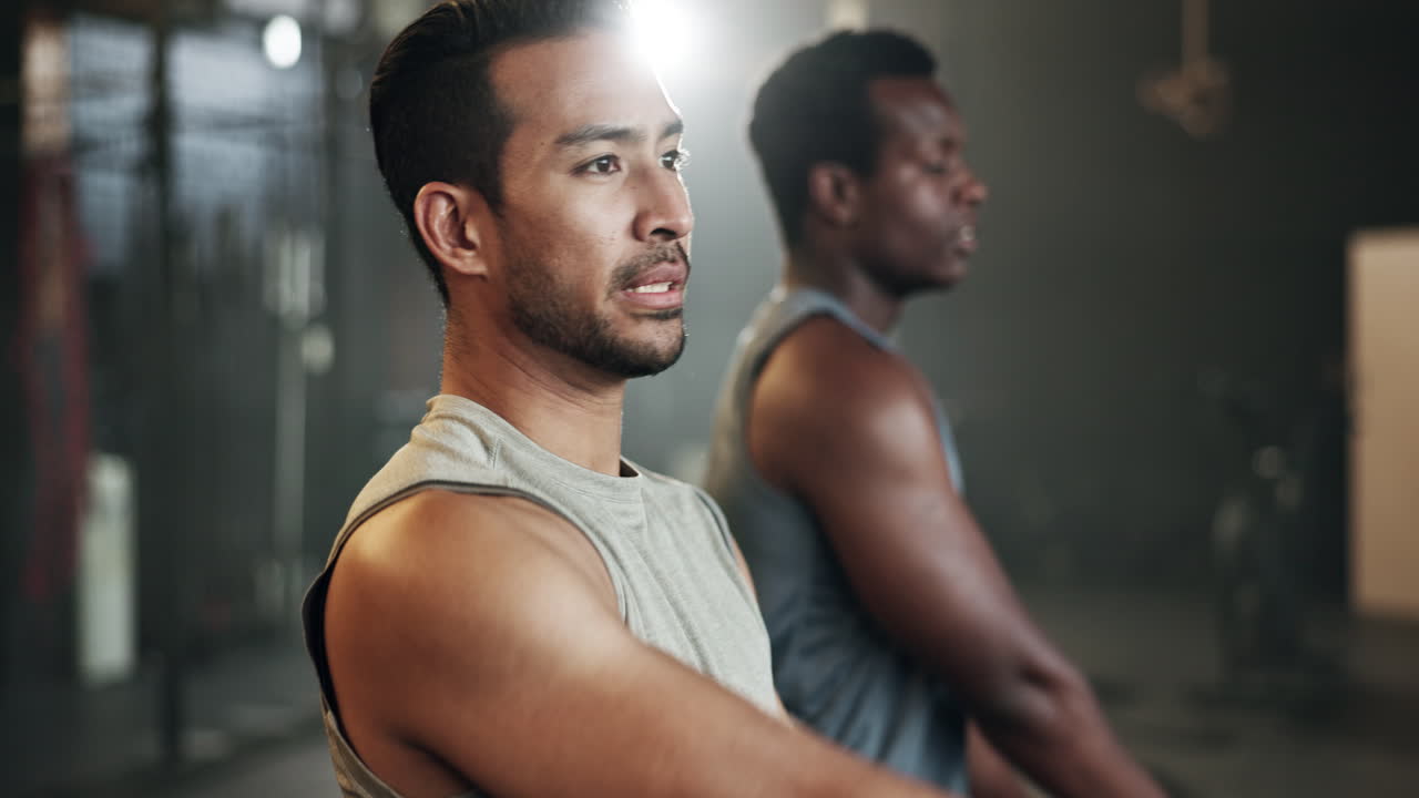 Men at gym together, stretching arms