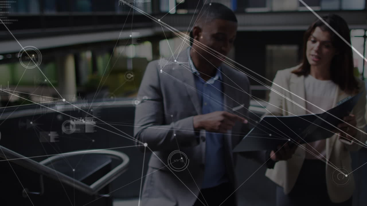 Animation of connections over diverse businesspeople in office