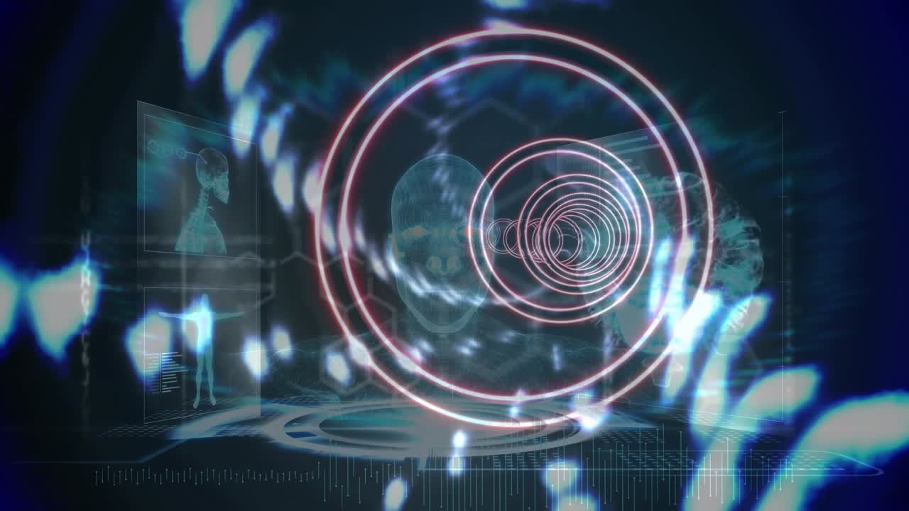 Animation of tunnel of lights and diverse data on digital screen in black space