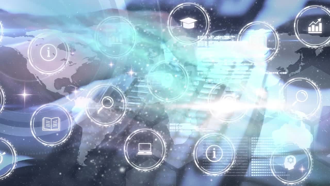 animación de iconos digitales sobre el mapa del mundo contra el primer plano de la persona que escribe en el teclado