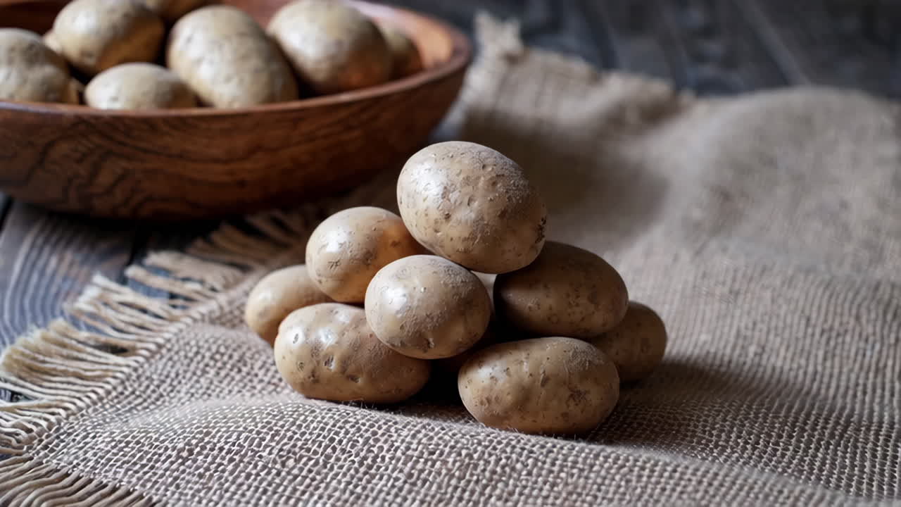 Potatoes in a wooden bowl and a pile on burlap