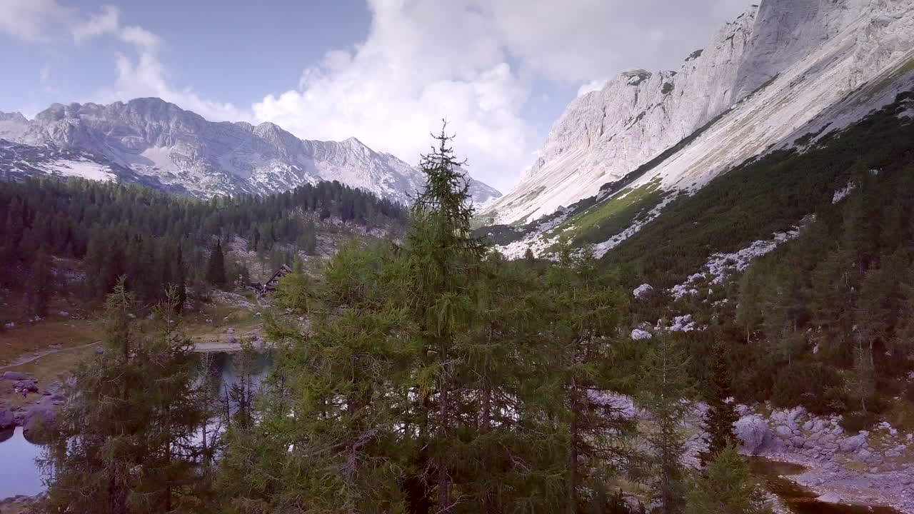 Alpine Lake and Cabin with Mountains