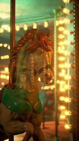 a vintage carousel horse in a brightly lit carousel