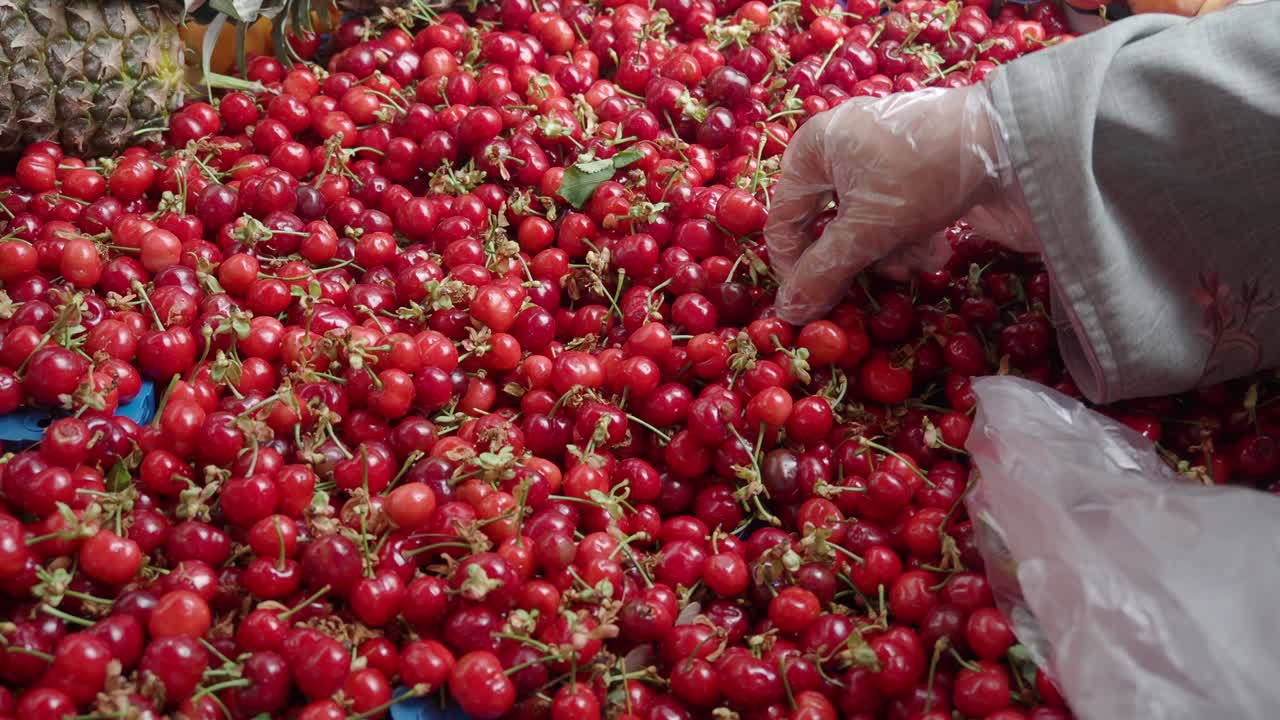 시장 에서 체리 를 구입 하는 사람