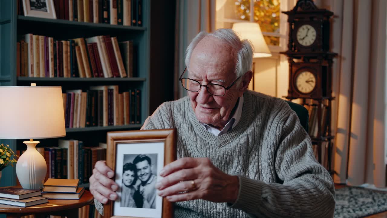 Elderly man in cozy library setting, holding a photo frame